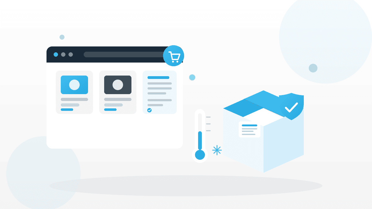 Illustration zum Internethandel mit Lebensmitteln mit Online-Shop, Versandkarton, Prüfsiegel und Kühlkette-Thermometer.