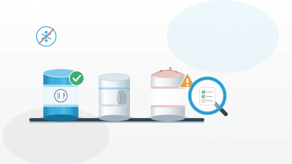 Illustration zu Konserven sicher verwenden mit intakter Dose, Dose mit Delle, gewölbter Dose mit Warnsymbol und Prüflupe im QMSpot-Look.