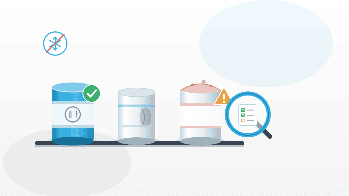 Illustration zu Konserven sicher verwenden mit intakter Dose, Dose mit Delle, gewölbter Dose mit Warnsymbol und Prüflupe im QMSpot-Look.