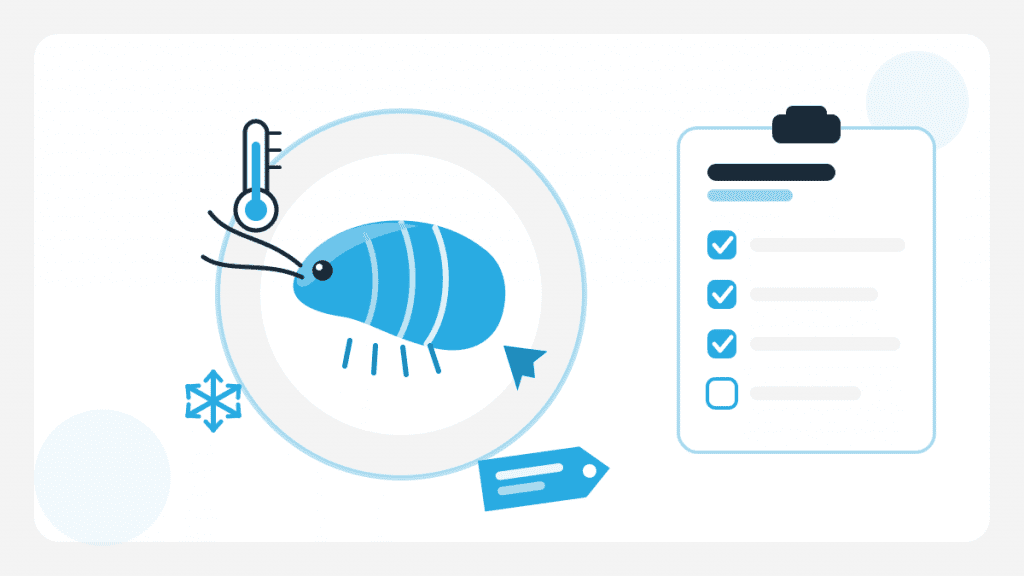 Illustration zu Krebstiere in der Gastronomie mit stilisierter Garnele, Thermometer, Schneeflocke und Kennzeichnungs-Checkliste.