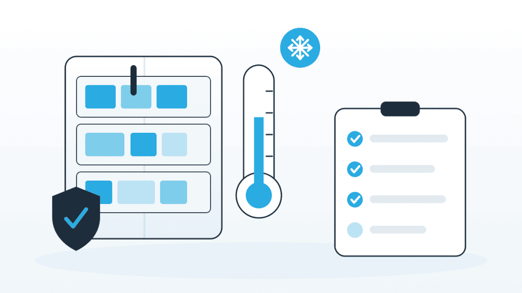 Illustration zur Lagerung von Lebensmitteln mit Kühlregal, Thermometer und Prüf-Checkliste im QMSpot-Look.