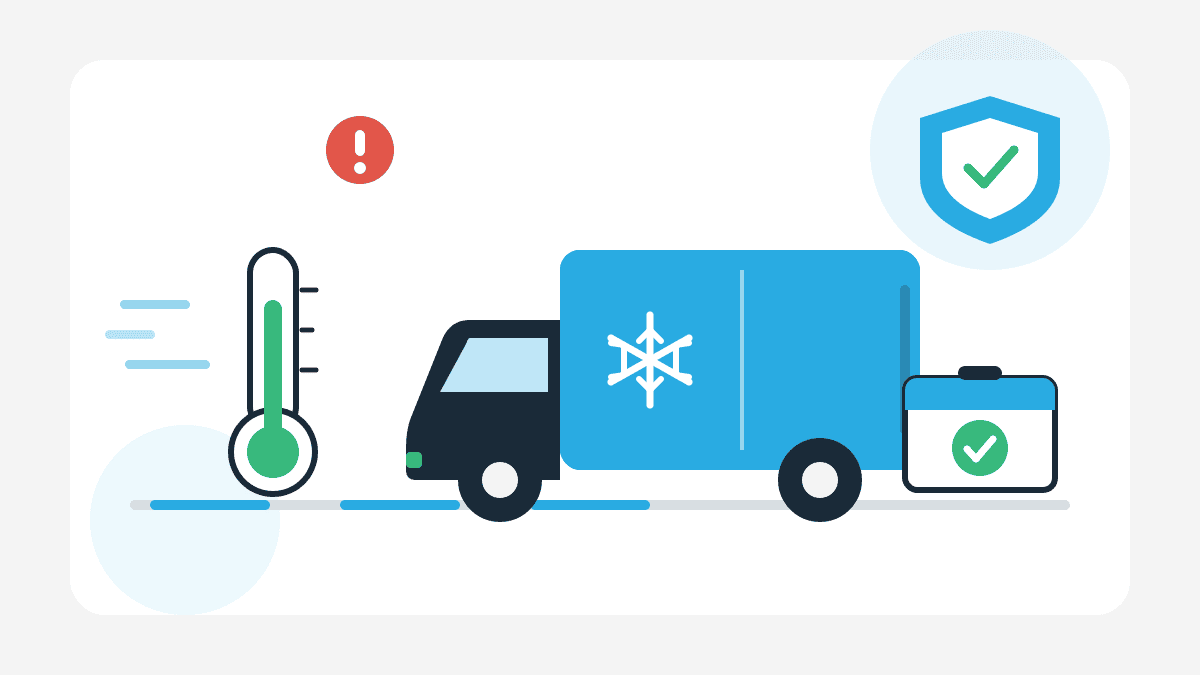 Illustration zu Lebensmittel selbst transportieren mit Kühl-Transporter, Thermometer und Kühlbox als Symbol für eine sichere Kühlkette.