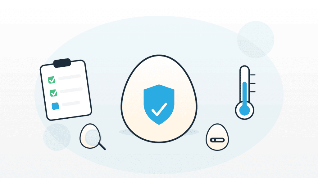Illustration zum Umgang mit rohen Eiern mit Ei, Schutzschild, Checkliste, Thermometer und Eierstempel im QMSpot-Look.