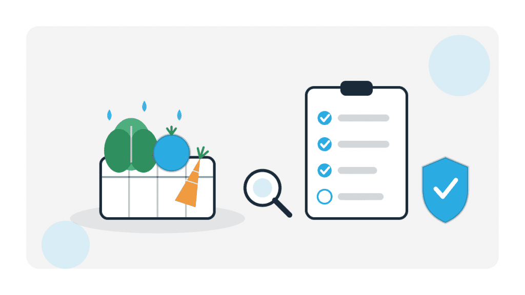 Illustration zu Lebensmittelgruppe Gemüse mit Gemüsekiste, Checkliste, Lupe und Schutzschild als Symbol für sichere Prüfung und Hygiene.