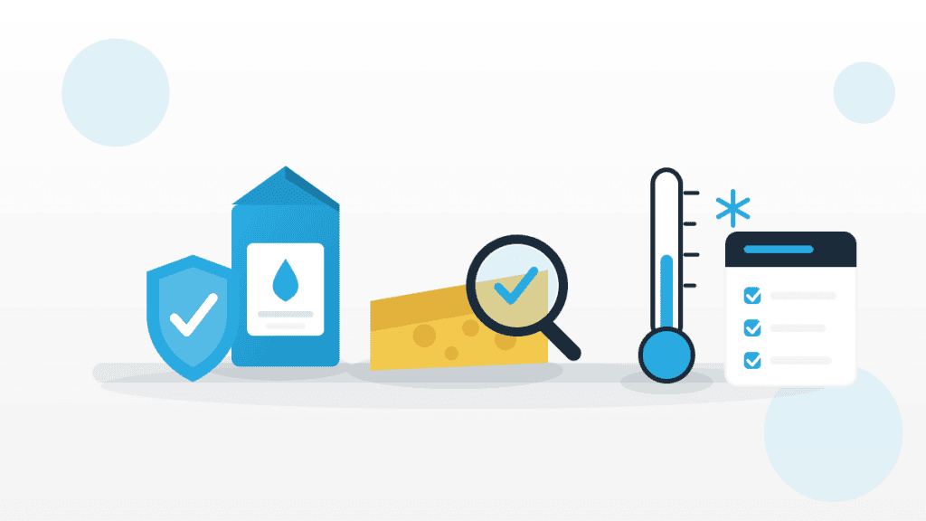Illustration zum Umgang mit Milchprodukten mit Milchkarton, Käse, Thermometer, Lupe und Prüf-Checkliste im QMSpot-Look.
