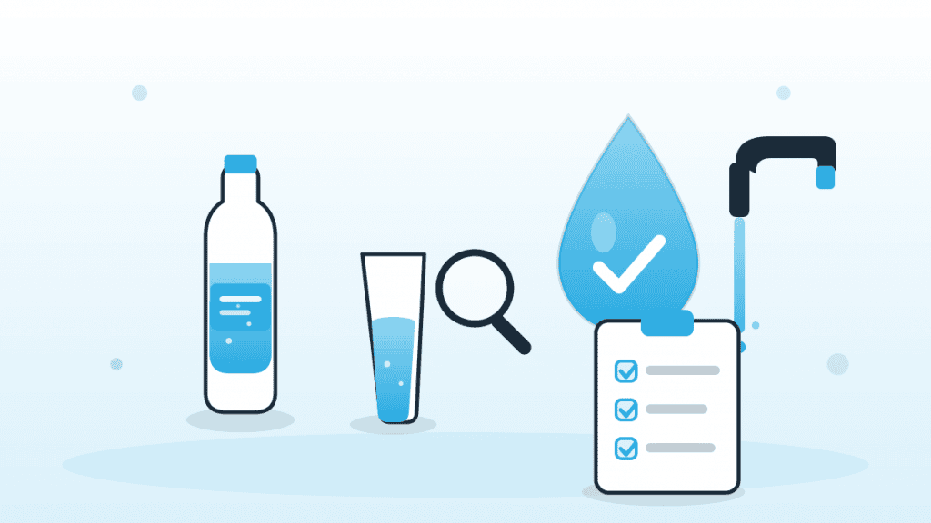 Illustration zur Lebensmittelgruppe Wasser mit Wasserflasche, Trinkglas, Wasserhahn, Tropfen mit Häkchen und Prüf-Checkliste.