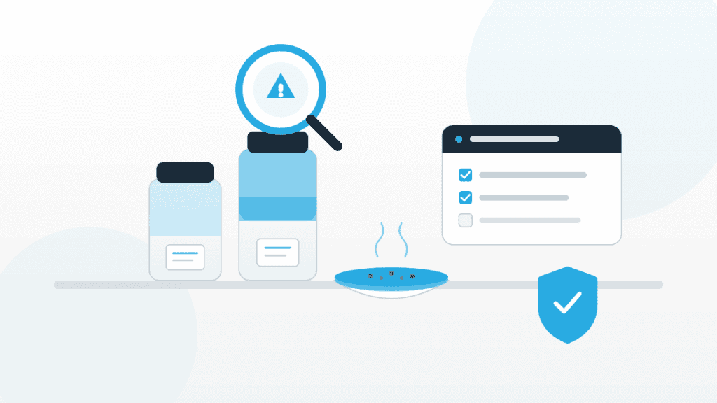 Illustration zur Lebensmittelsicherheit bei Gewürzen mit Gewürzgläsern, Lupe, digitaler Checkliste und Schutzschild.