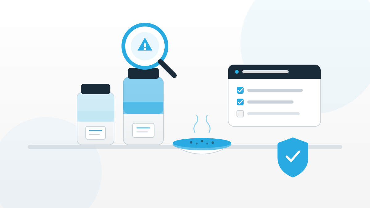 Illustration zur Lebensmittelsicherheit bei Gewürzen mit Gewürzgläsern, Lupe, digitaler Checkliste und Schutzschild.
