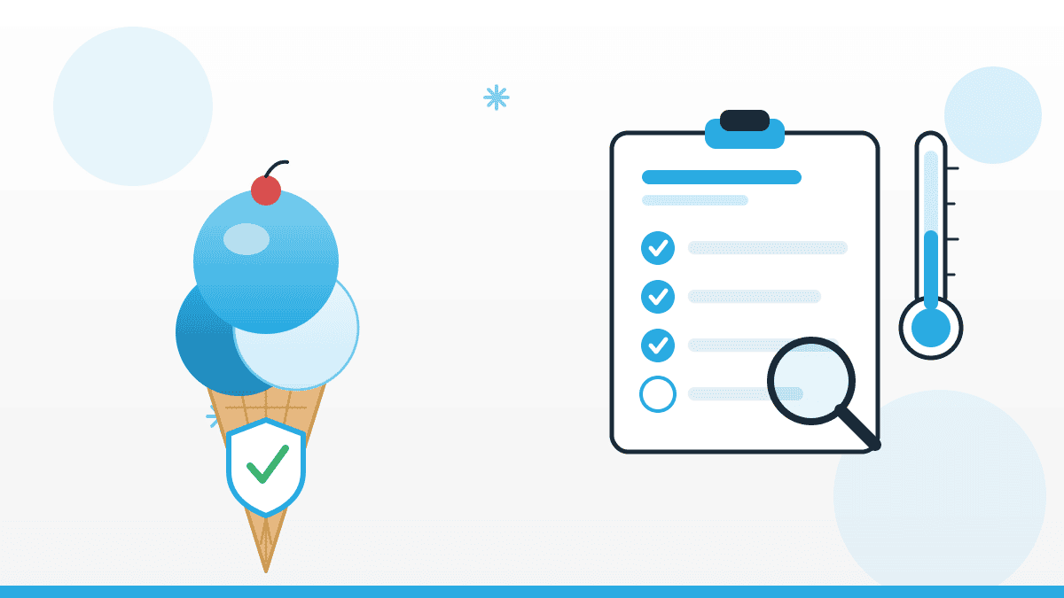 lebensmittelsicherheit-speiseeis-illustration Illustration zu Lebensmittelsicherheit bei Speiseeis mit Eiswaffel, Prüf-Checkliste, Thermometer und Schutzschild.