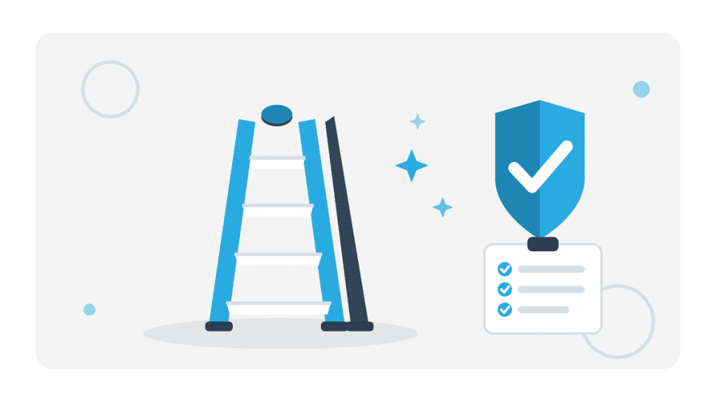 Illustration zu Leitern und Tritte im Lebensmittelbetrieb mit Stehleiter, Prüf-Schild und Checkliste in QMSpot-Blau.