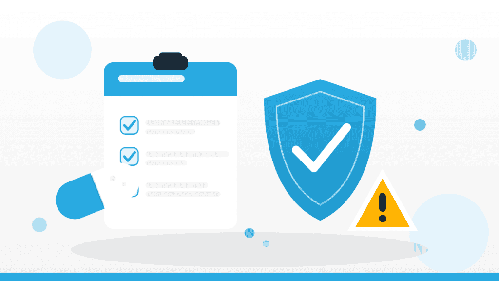 Illustration zu Medikamente und Drogen im Betrieb mit Checkliste, Schutzschild und Warnsymbol in QMSpot-Blau.