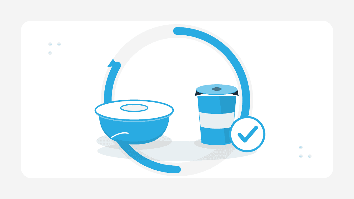 Illustration zur Mehrwegpflicht in der Gastronomie mit wiederverwendbarer To-Go-Schale, Mehrwegbecher, Kreislauf-Symbol und Häkchen.
