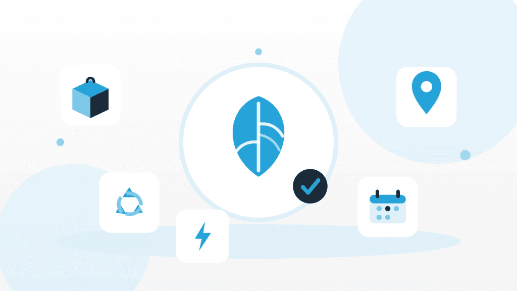 Illustration zu Nachhaltigkeit in Lebensmittelbetrieben mit Blatt-Symbol, Mehrweg-Box, Recycling, Energie, Regionalität und Saisonalität.