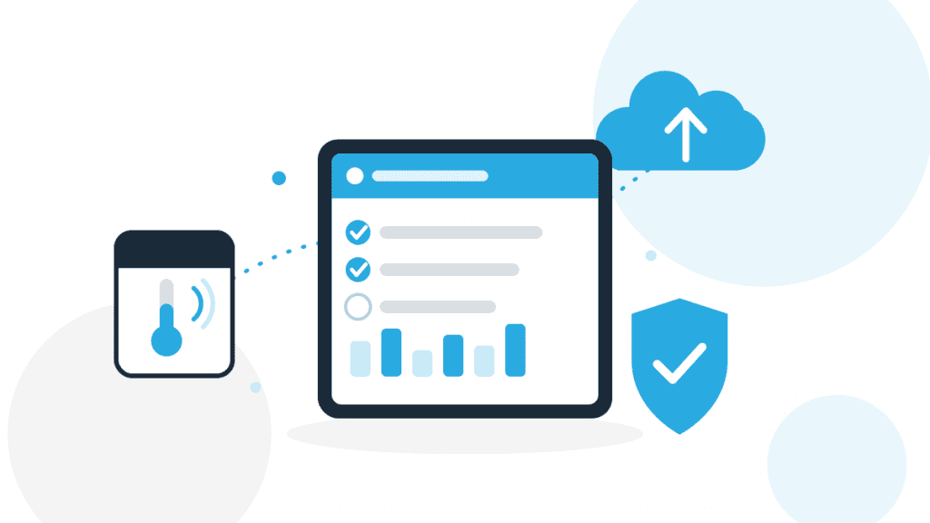 Illustration zu neuen Technologien in der Gastronomie mit Tablet-Dashboard, digitaler Checkliste, Temperatursensor und Cloud.