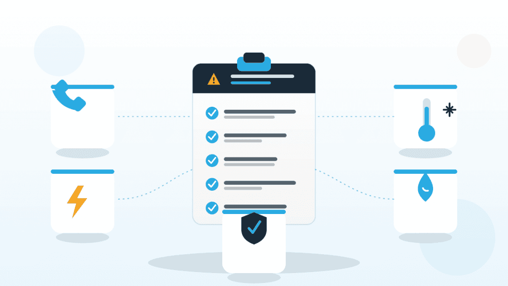 Illustration zum Notfallplan im Lebensmittelbetrieb mit Notfall-Checkliste, Warndreieck und Icons für Telefon, Strom, Kühlung und Wasser.