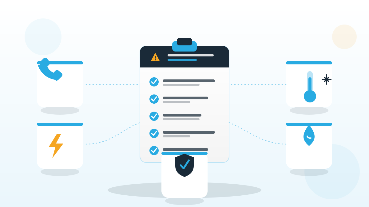 Illustration zum Notfallplan im Lebensmittelbetrieb mit Notfall-Checkliste, Warndreieck und Icons für Telefon, Strom, Kühlung und Wasser.