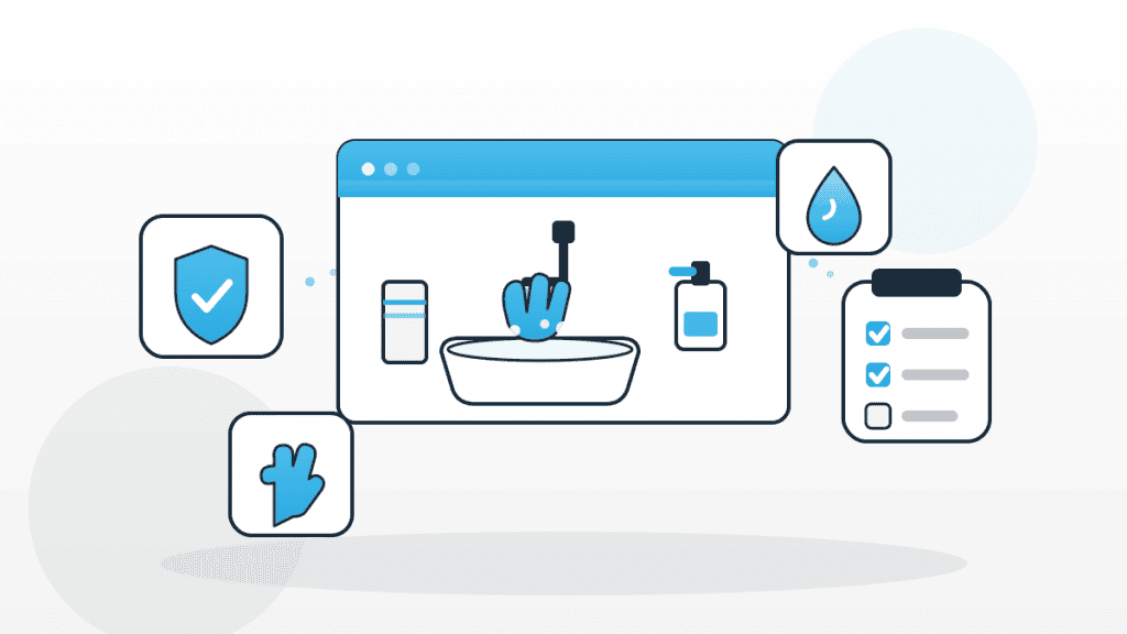 Illustration zu Personalhygiene beim Umgang mit Lebensmitteln mit Handwasch-Station, Seifenspender, Schutzschild und Checkliste in QMSpot-Blau.