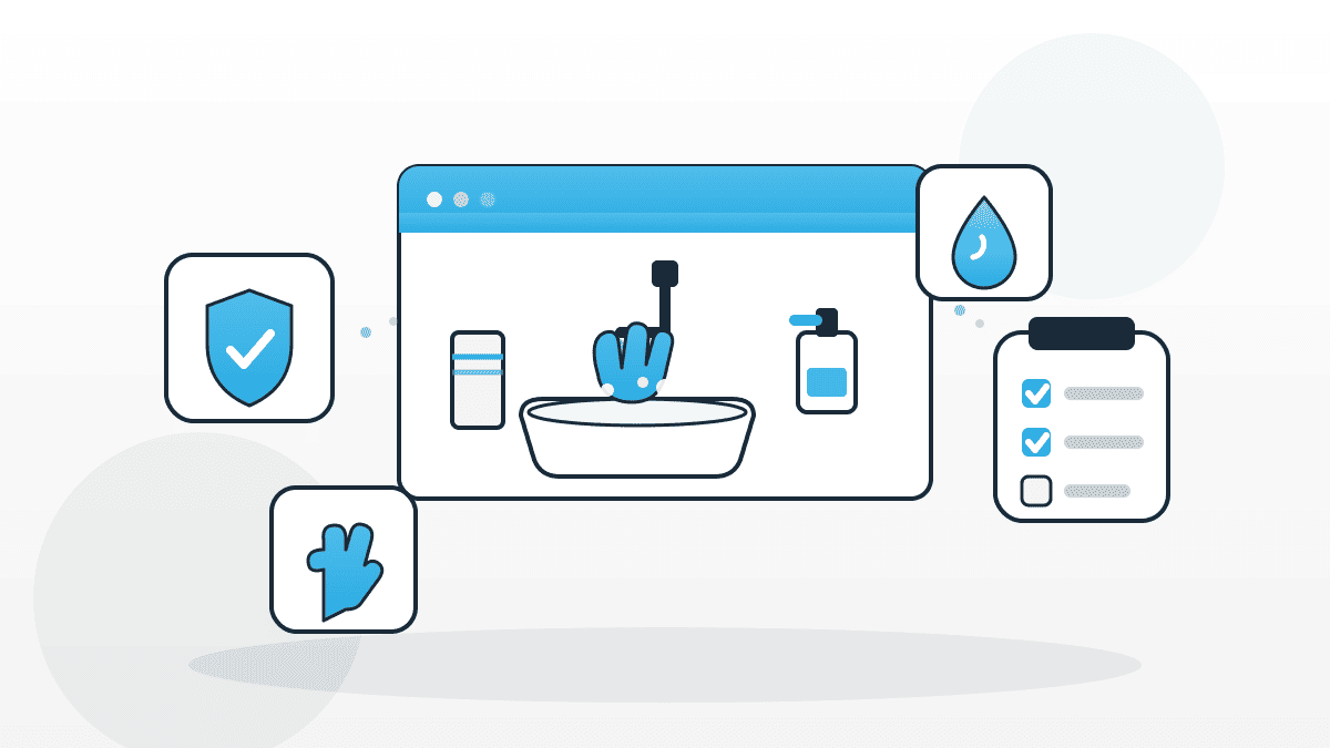 personalhygiene-umgang-lebensmittel-illustration Illustration zu Personalhygiene beim Umgang mit Lebensmitteln mit Handwasch-Station, Seifenspender, Schutzschild und Checkliste in QMSpot-Blau.