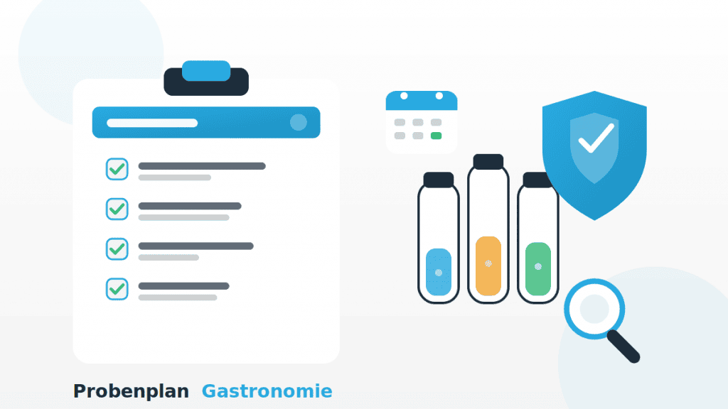Illustration zu Probenplan in der Gastronomie mit Checkliste, Probenröhrchen, Kalender und Prüfsymbol im QMSpot-Look.