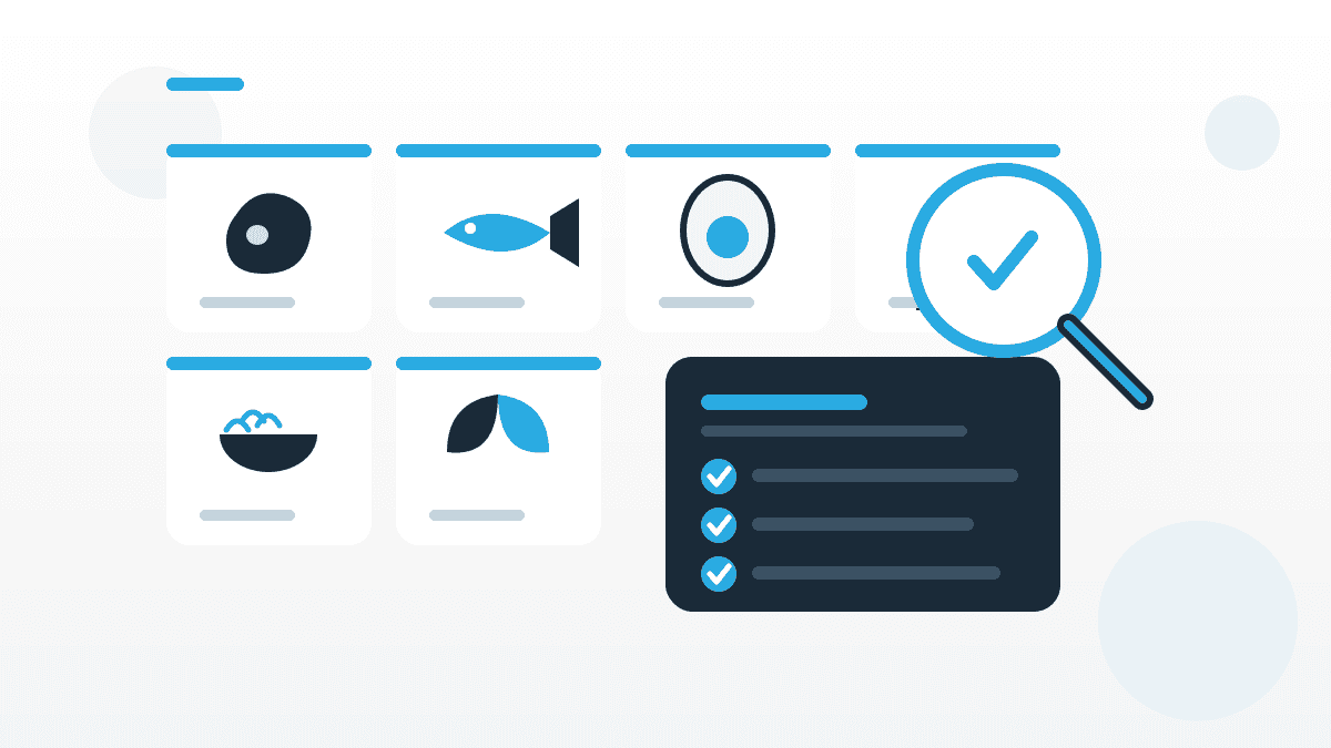 produktwissen-lebensmittel-illustration Illustration zu Produktwissen für Lebensmittel mit Icons verschiedener Lebensmittelgruppen, Prüf-Checkliste und Lupe.