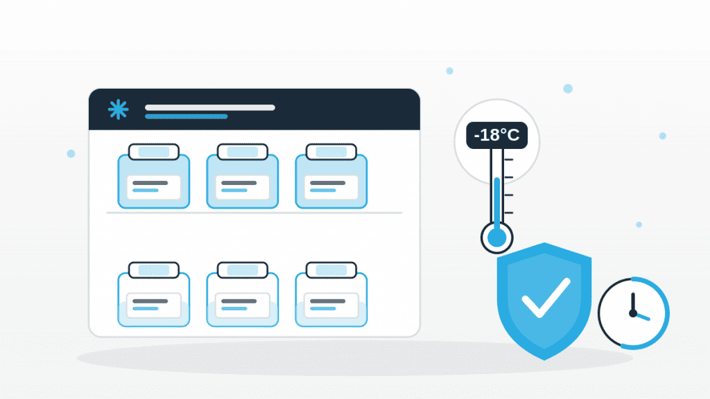 Illustration zu Rückstellproben in der Gastronomie mit beschrifteten Probengefäßen im Gefrierfach, Thermometer bei minus 18 Grad, Schutzschild und Uhr.