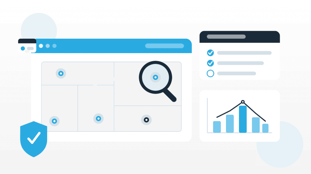 Illustration zu Schädlingsmonitoring in der Lebensmittelbranche mit Lageplan, Monitoringpunkten, Lupe, Checkliste und Trendanalyse.
