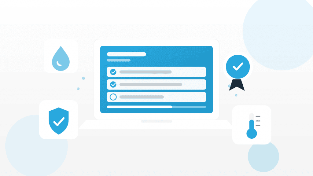 Illustration zur Schulung DIN 10514 mit Lernmodul, Checkliste, Abschluss-Badge und Hygiene-Symbolen im QMSpot-Blau.