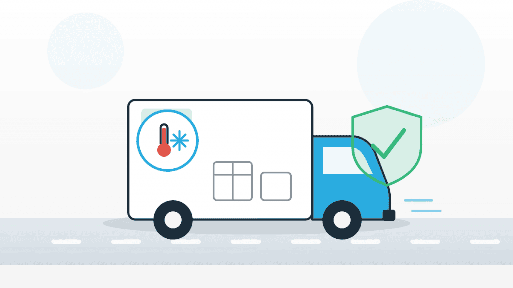 Illustration zum Transport von Lebensmitteln mit Kühlfahrzeug, Temperatursymbol und Schutz-Häkchen.