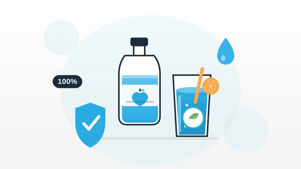Illustration zum Unterschied Fruchtsaft und Fruchtnektar mit Saftflasche, Glas mit Orangenscheibe, Kohlensäure-Bläschen und Prüf-Häkchen.