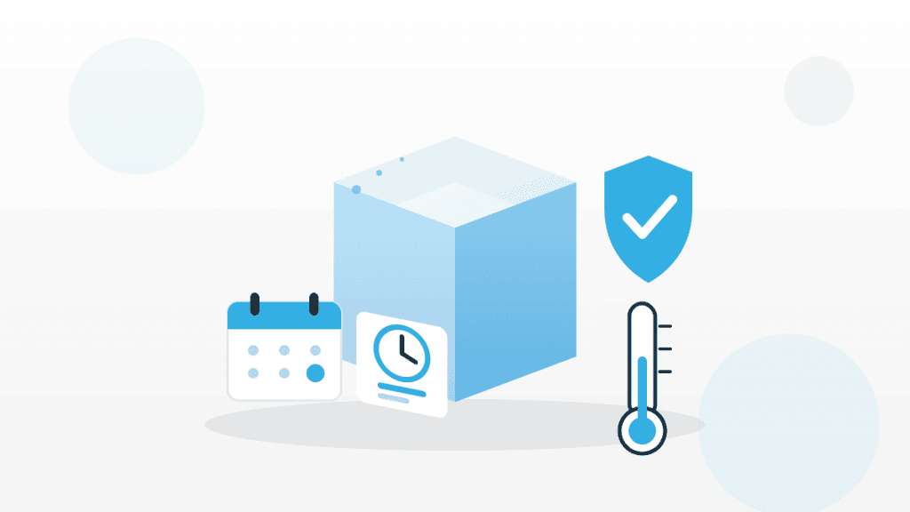 Illustration zu Verbrauchsdatum bei Lebensmitteln mit Produktverpackung, Kalender, Uhr und Kühl-Thermometer im QMSpot-Look.