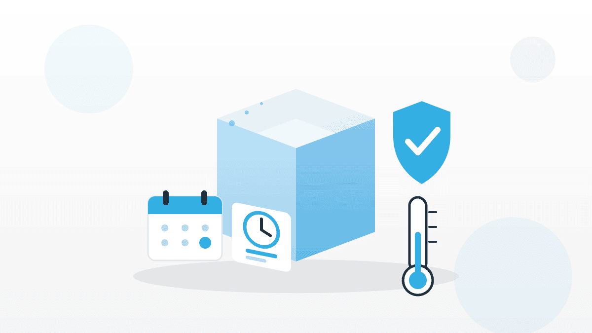 Illustration zu Verbrauchsdatum bei Lebensmitteln mit Produktverpackung, Kalender, Uhr und Kühl-Thermometer im QMSpot-Look.