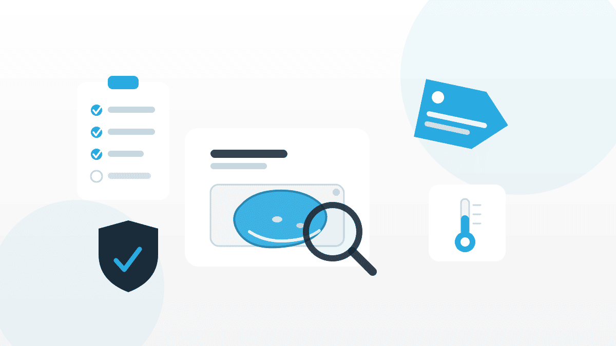 Illustration zu Vorgaben für Fleischprodukte mit Schneidebrett, Checkliste, Etikett, Thermometer und Lupe im QMSpot-Look.