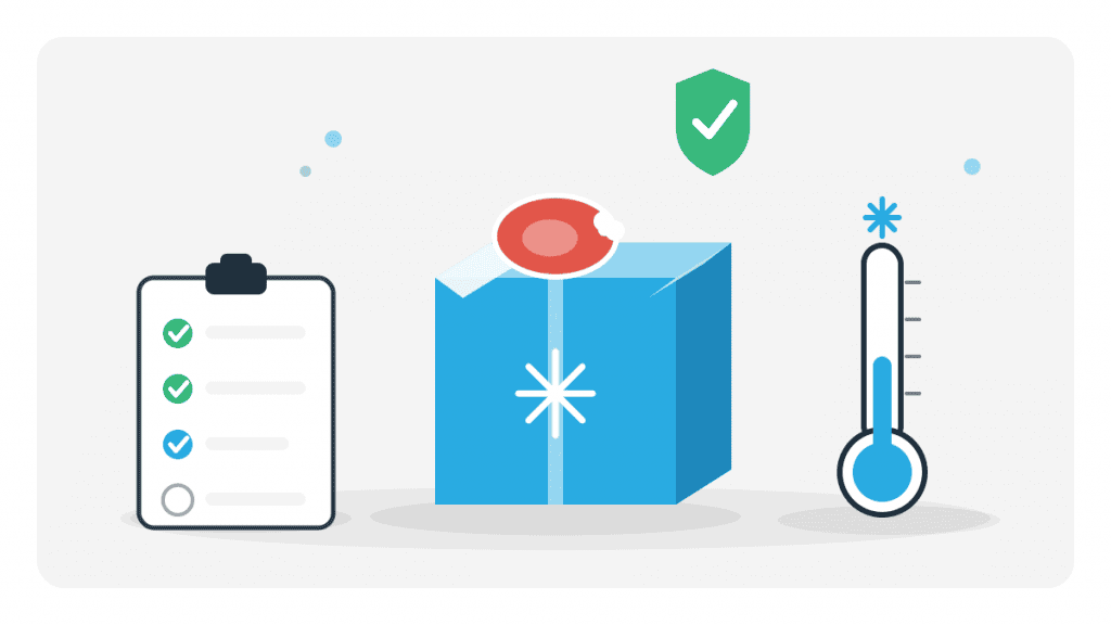 Illustration zur Warenannahme von Fleisch mit Lieferbox, Checkliste, Thermometer und Kühlsymbol.