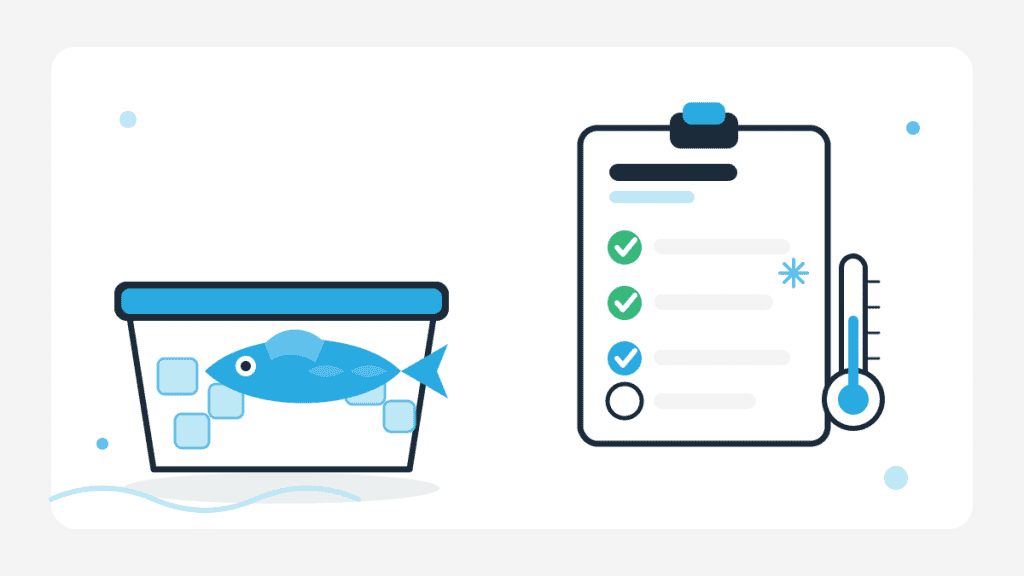 Illustration zur Warenannahme von Fisch mit Fischkiste auf Eis, Prüf-Checkliste und Thermometer.