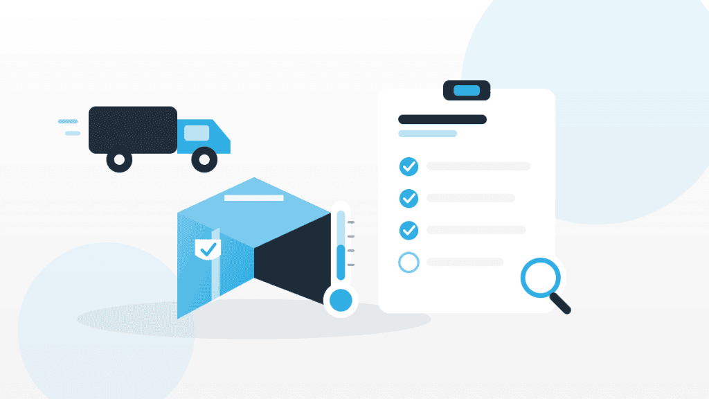 Illustration zur Warenannahme von Lebensmitteln mit Lieferwagen, Paket, Thermometer und Prüf-Checkliste in QMSpot-Blau.