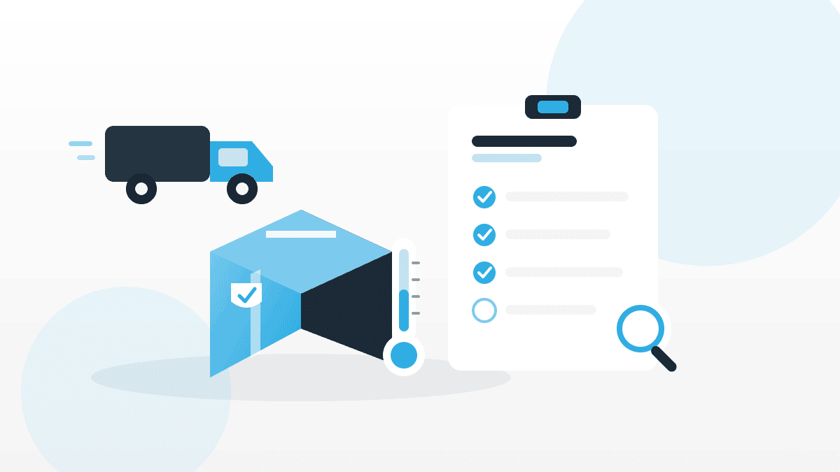 Illustration zur Warenannahme von Lebensmitteln mit Lieferwagen, Paket, Thermometer und Prüf-Checkliste in QMSpot-Blau.
