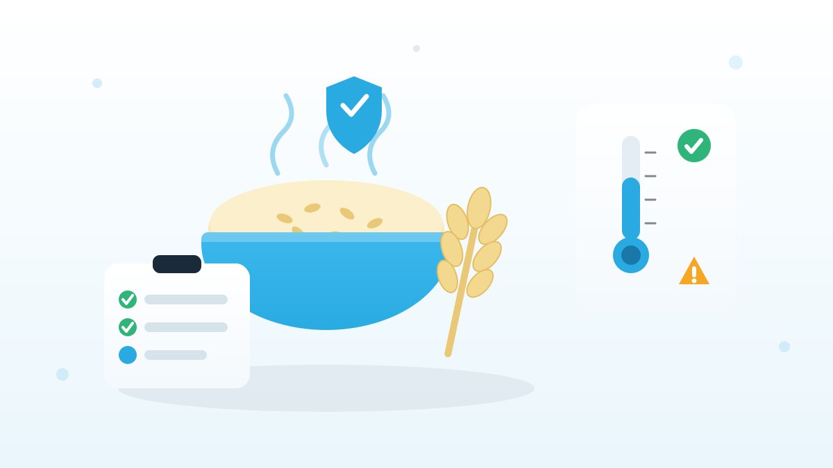 Illustration zu gesetzlichen Anforderungen an Getreide und Beilagen mit Getreideschale, Thermometer und Checkliste im QMSpot-Stil.