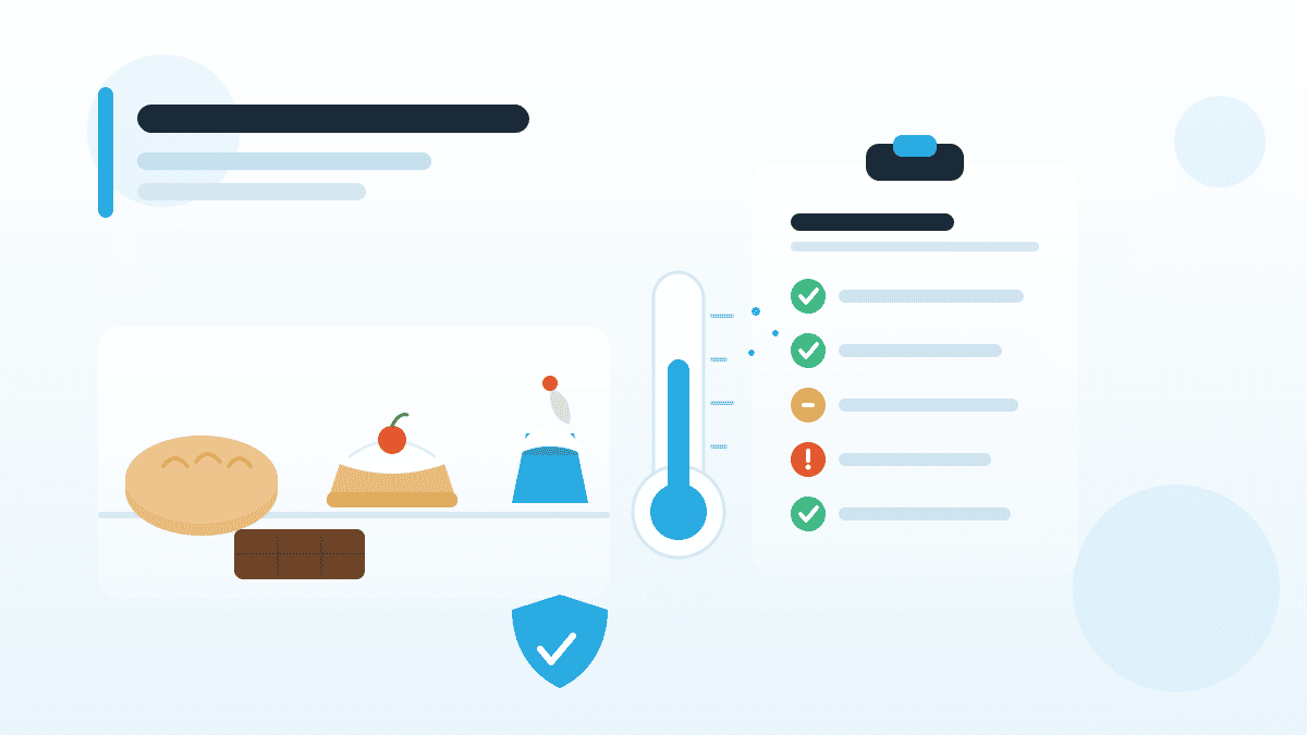 Illustration zu Süß- und Backwaren mit Backwaren-Theke, Thermometer für die Kühlung und QM-Checkliste.
