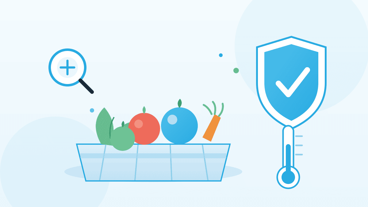 warengruppe-obst-und-gemuese-illustration Illustration zur Warengruppe Obst und Gemüse mit einer Kiste voller Frischeprodukte, Qualitätssiegel, Thermometer und Lupe.