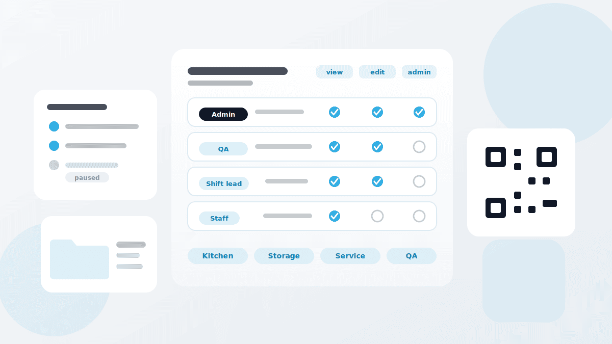 Illustration of administration with a site list, user roles and a permissions matrix, user groups, a QR code and a document folder
