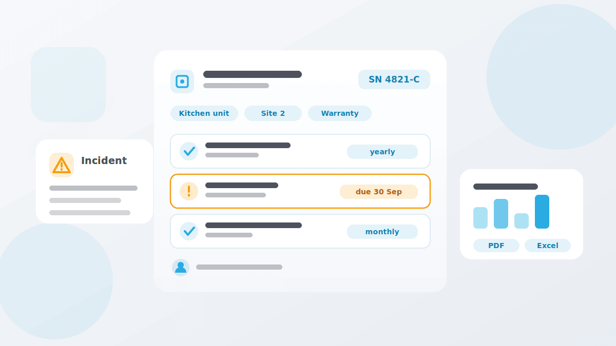 Device management in QMSpot Illustration of device management with device master data, maintenance intervals, a due service and an incident report