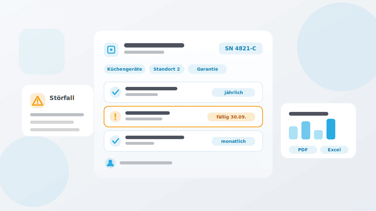 geraeteverwaltung-illustration Illustration zur Geräteverwaltung mit Gerätestammdaten, Wartungsintervallen, fälliger Wartung und Störfallmeldung.