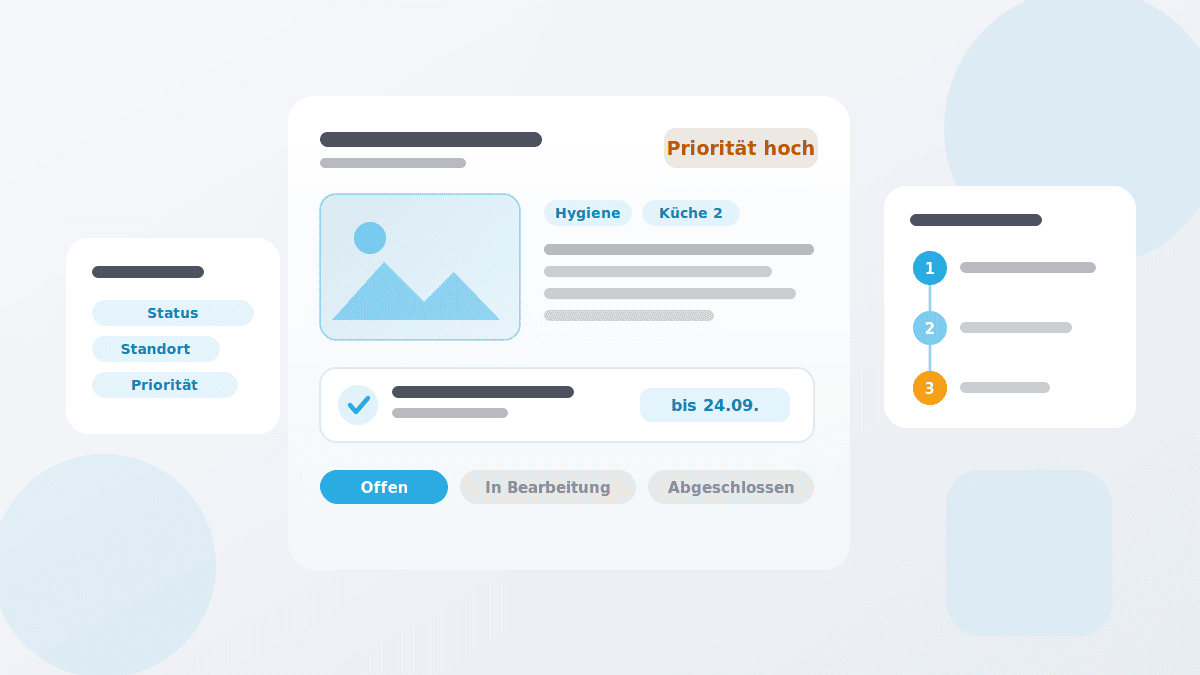 maengelmanagement-illustration Illustration zum Mängelmanagement mit Mangelkarte, Foto, Priorität, Eskalationsstufen und Maßnahme mit Frist.
