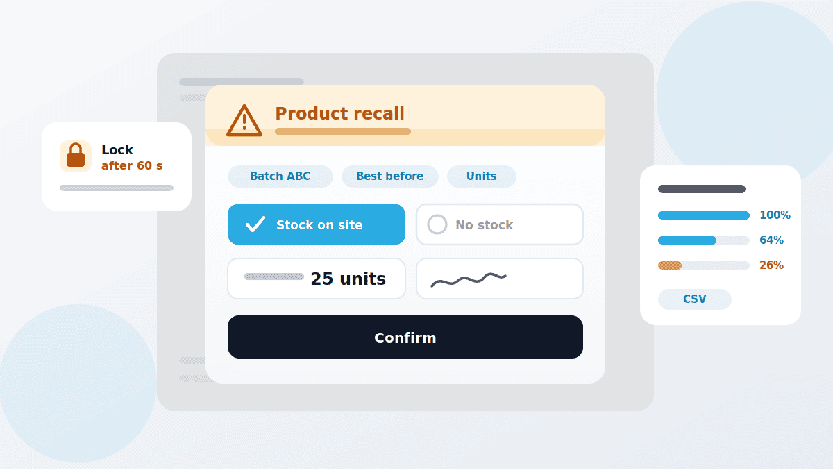 Illustration of a product recall with pop-up, system lock, quantity confirmation, signature and progress per site