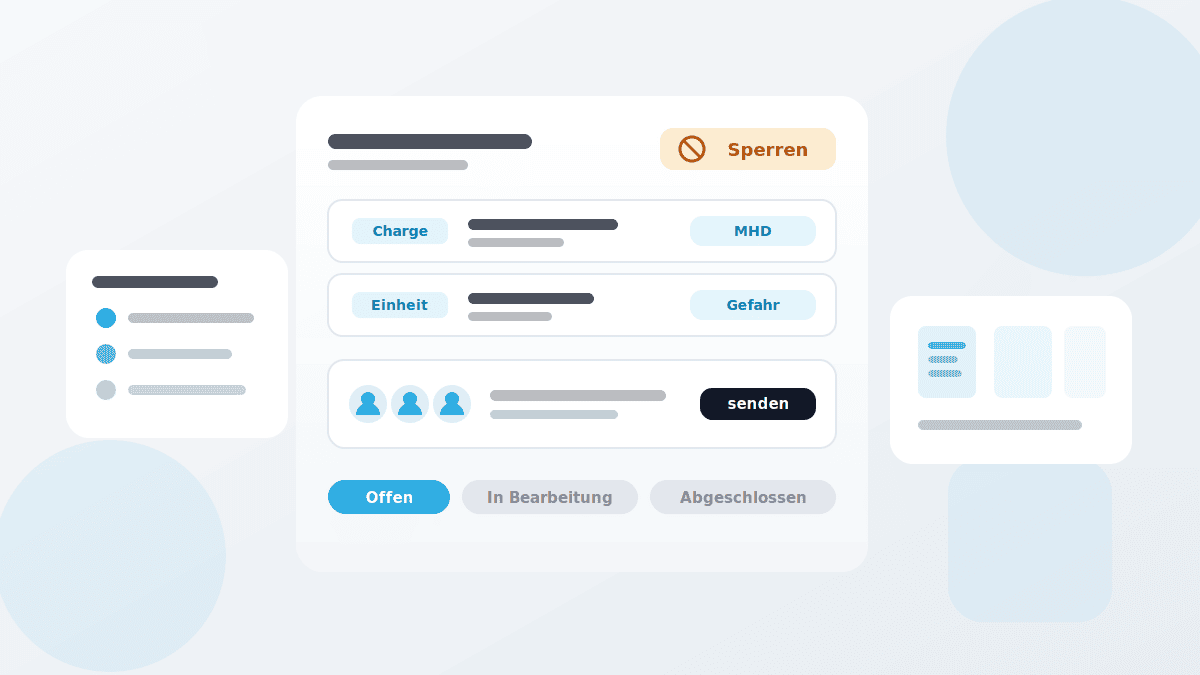 Illustration eines Produktrückrufs mit Pop-up, Systemsperre, Mengenbestätigung, Unterschrift und Auswertung je Standort.