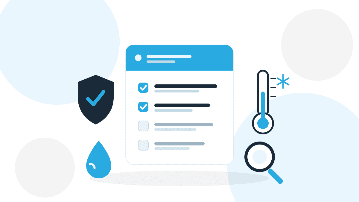 Flache Illustration zu den Anforderungen der LMHV: Hygieneplan mit Schutzschild, Wassertropfen und Thermometer in QMSpot-Blau