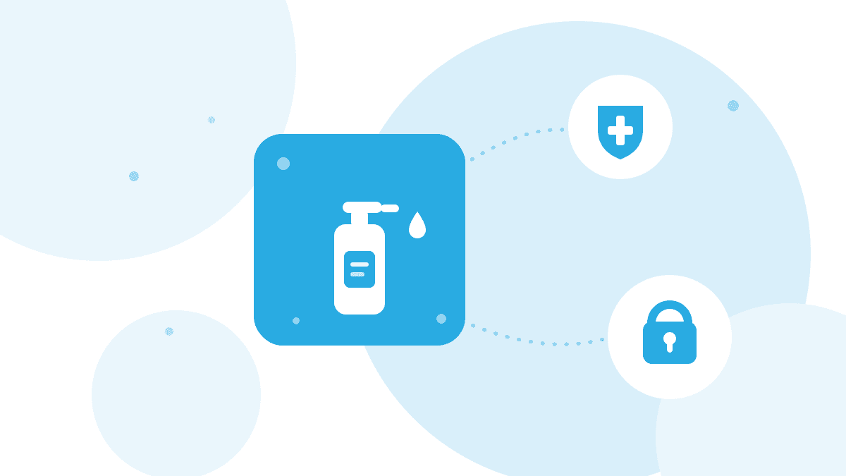 Flache Illustration zu Hygieneregeln in der Pflegeeinrichtung mit Desinfektionsspender, Schutzschild und abschließbarem Medikamentenschrank