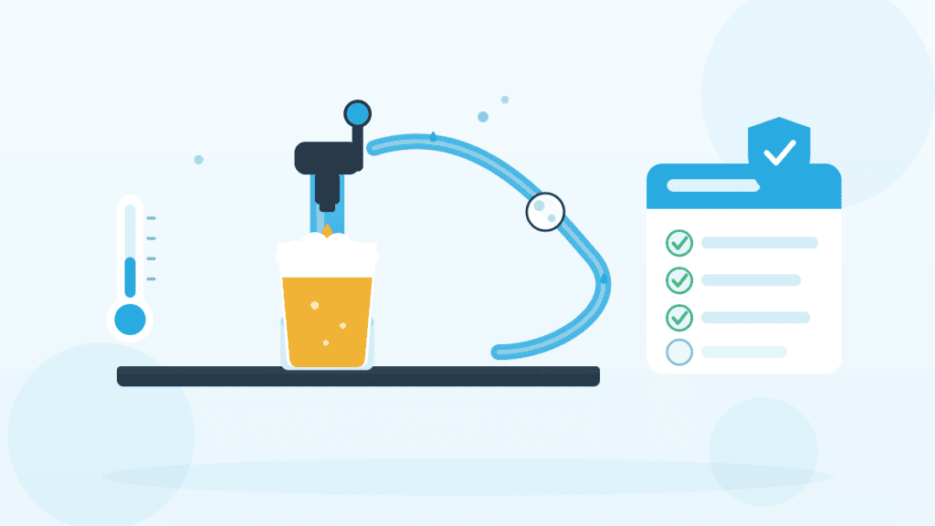 Illustration zu Bierleitungen und Zapfhähne reinigen mit Zapfsäule, Reinigungsball in der Leitung, Checkliste und Thermometer in QMSpot-Blau.