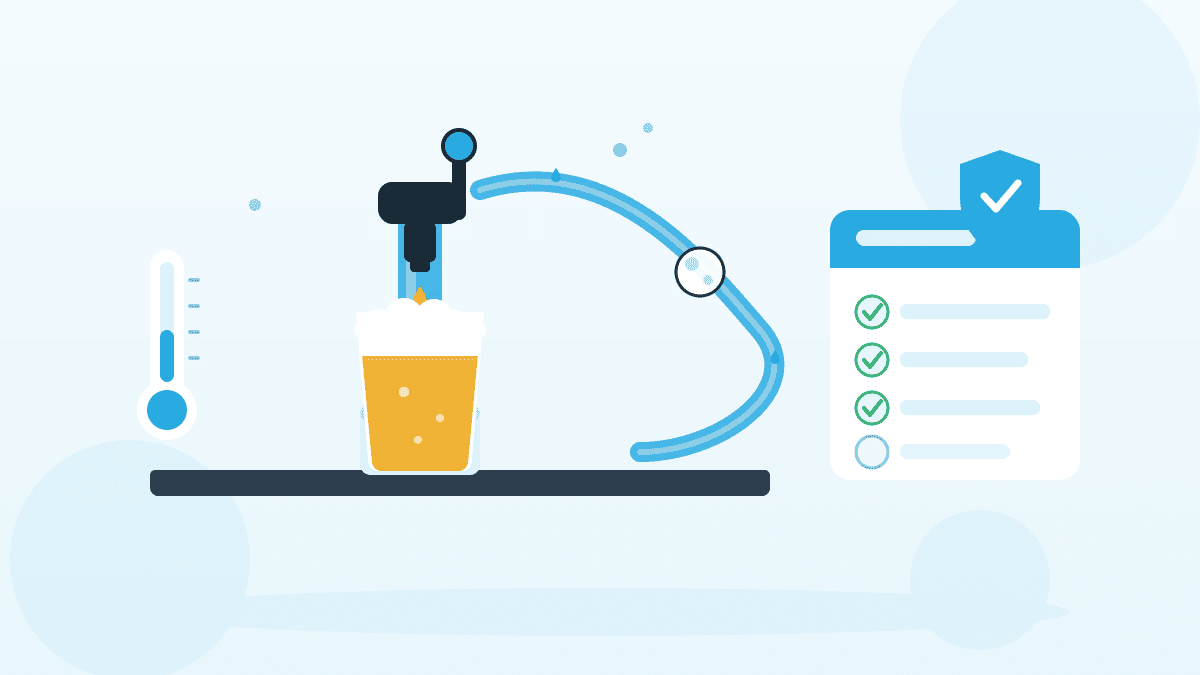Illustration zu Bierleitungen und Zapfhähne reinigen mit Zapfsäule, Reinigungsball in der Leitung, Checkliste und Thermometer in QMSpot-Blau.