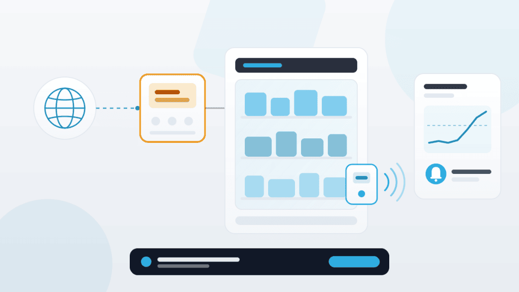 Illustration: an internet-connected refrigeration controller marked as a weak point, while an independent wireless sensor on the display fridge reports a temperature rise to the dashboard
